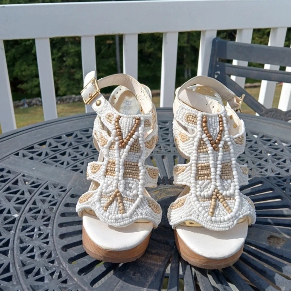BCBGirls Beaded Sandals in White and Tan